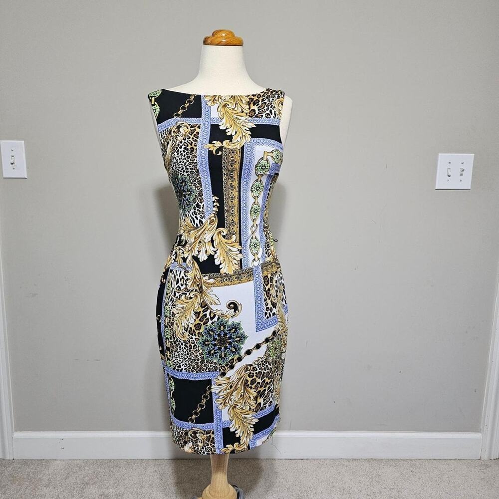 VTG Caché Baroque Leopard Chain Print Sheath Dress 2 Y2K Mob Wife Bodycon Mini